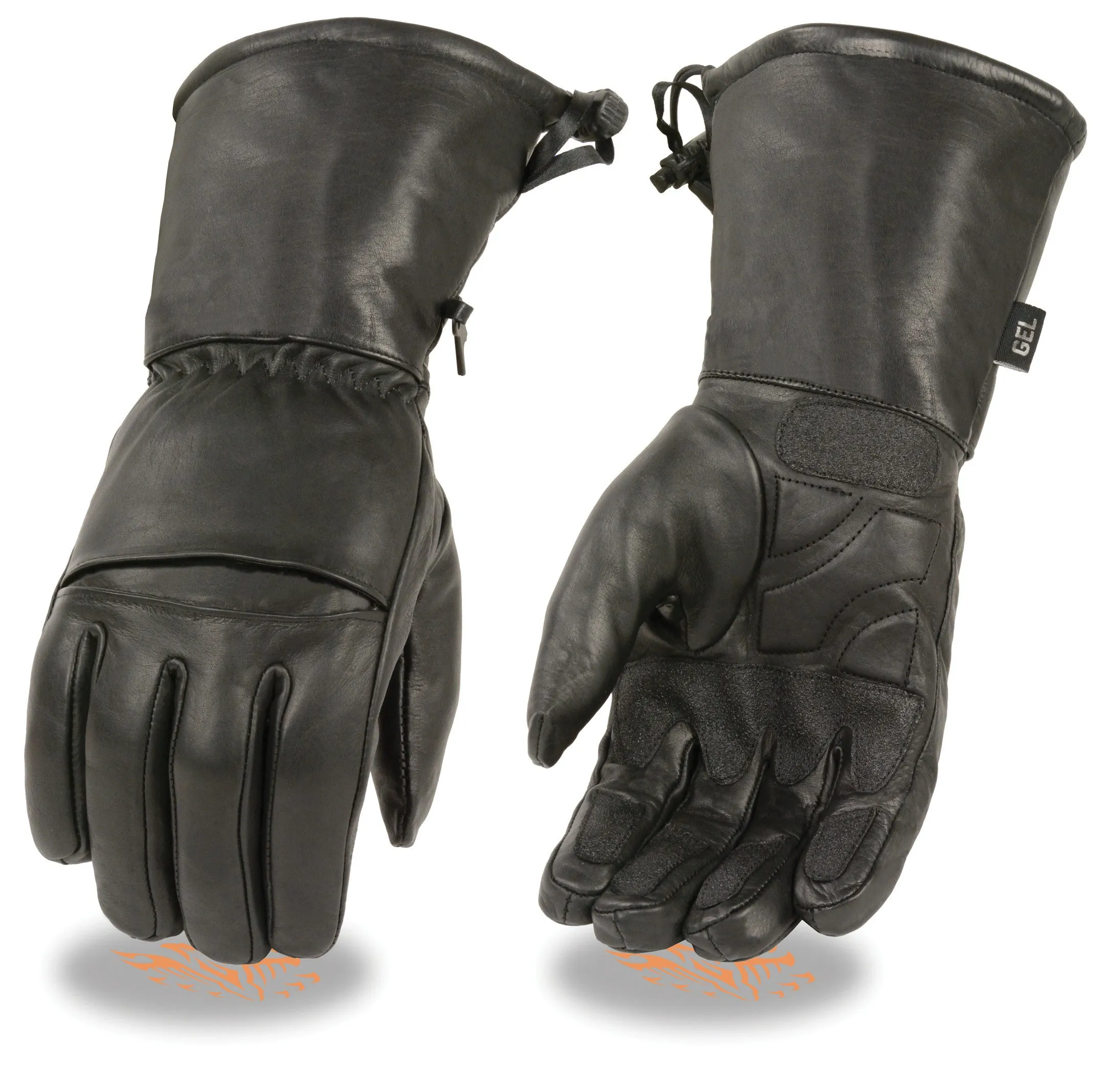 Men's Biker riding drawstring long guantlet blk sure grip leather gloves