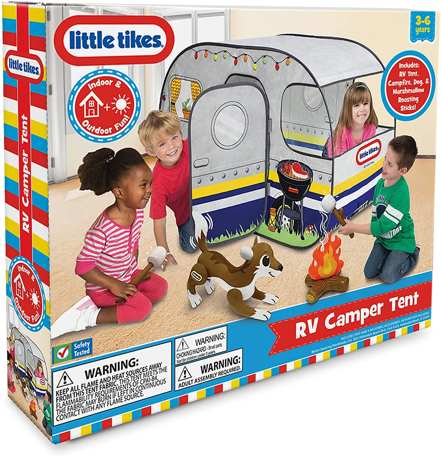 New in box! Little Tikes RV Camper Tent! Includes One (1) RV Tent, One (1) Inflatable campfire, One (1) Inflatable dog , One (2) Inflatable marshmallow roasting sticks.