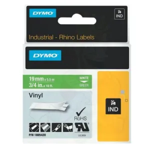 Newell Brands Industrial Rhino™ Vinyl Label Cartridge, 3/4 in W x 18 ft L, White Print on Green Background, 1805420