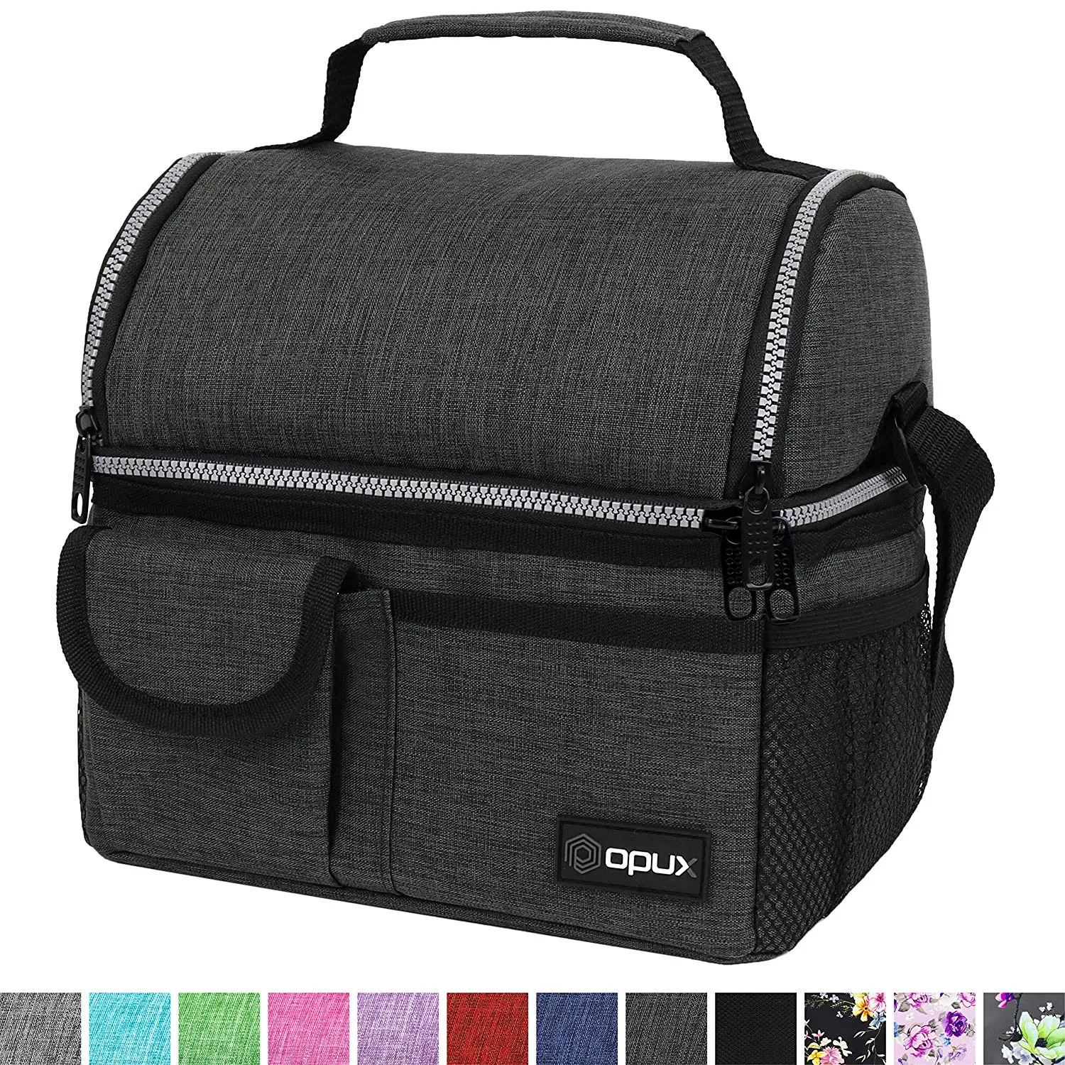 OPUX Insulated Dual Compartment Lunch Bag for Men, Women | Double Deck Reusable Lunch Pail Cooler Bag with Shoulder Strap, Soft Leakproof Liner | Large Lunch Box Tote for Work, School (Charcoal)