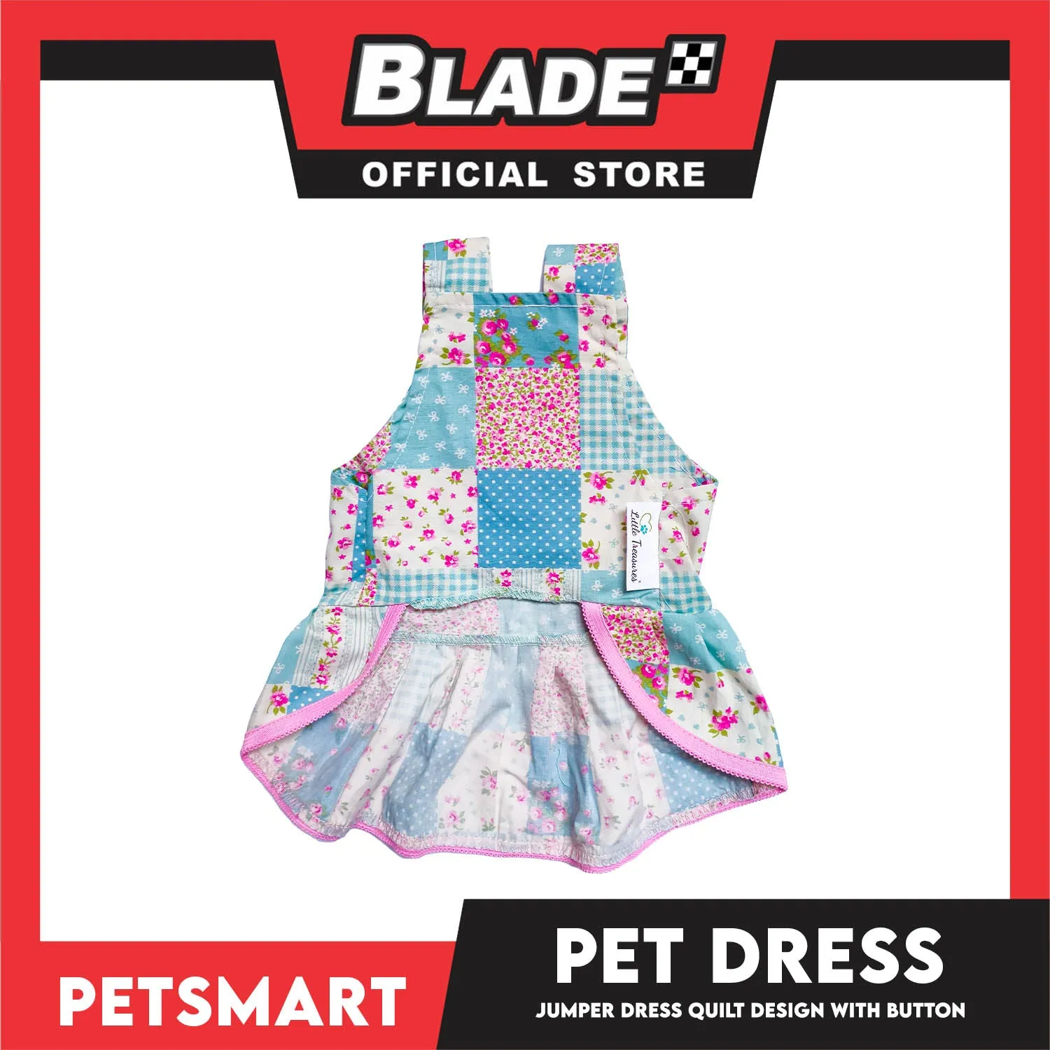 Pet Jumper Dress Quilt Design With Buttons, Blue With Pink Colors DG-CTN110M (Medium) Perfect Fit For Dogs And Cats, Breathable Clothes, Soft Lightweight Pet Clothing