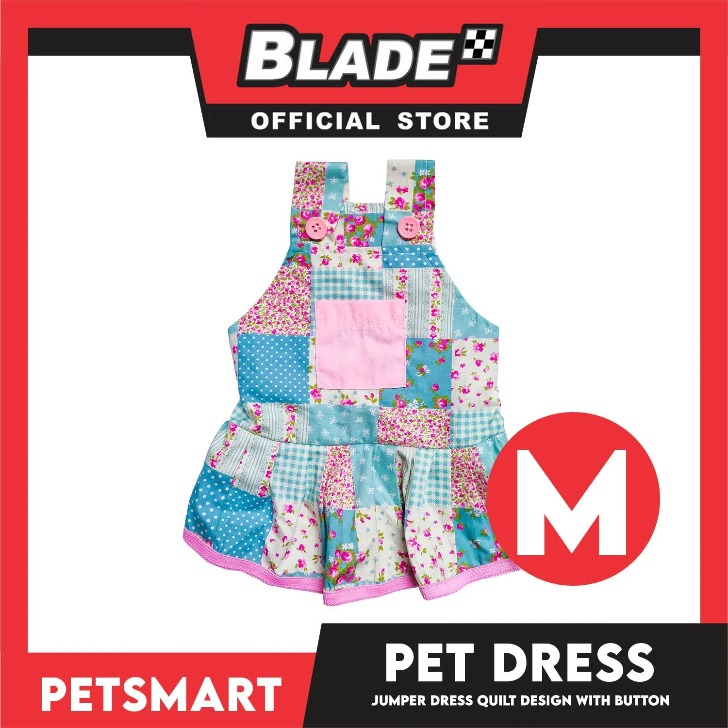 Pet Jumper Dress Quilt Design With Buttons, Blue With Pink Colors DG-CTN110M (Medium) Perfect Fit For Dogs And Cats, Breathable Clothes, Soft Lightweight Pet Clothing