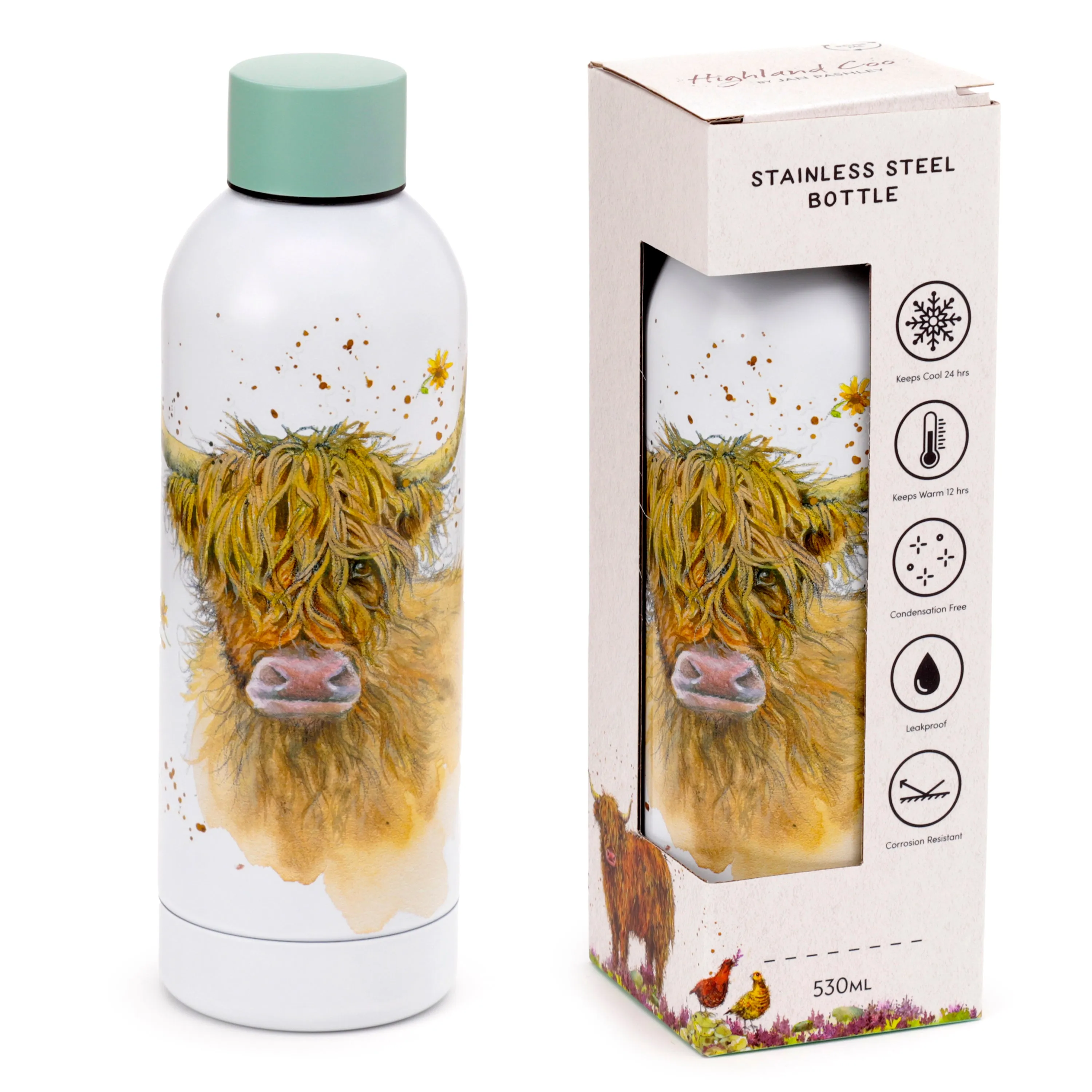 Reusable Stainless Steel Insulated Drinks Bottle 530ml - Jan Pashley Highland Coo Cow
