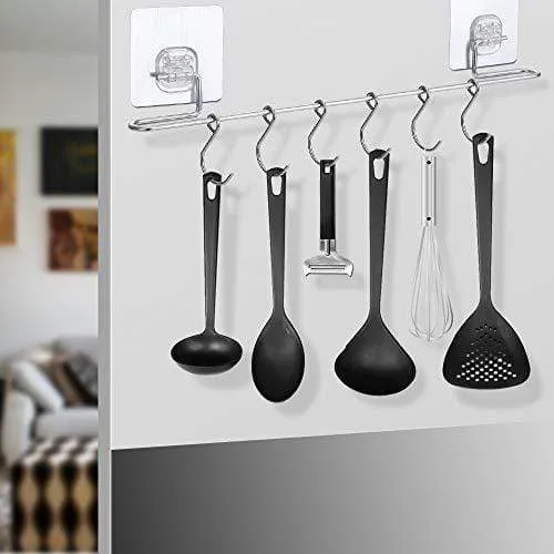Sonorospace Kitchen Rail with Sliding Hooks | NO DRILLING Wall Mounted Utensil Rail Rack | Stainless Steel Hanging Hooks for Kitchen Tools, Pot, Towel