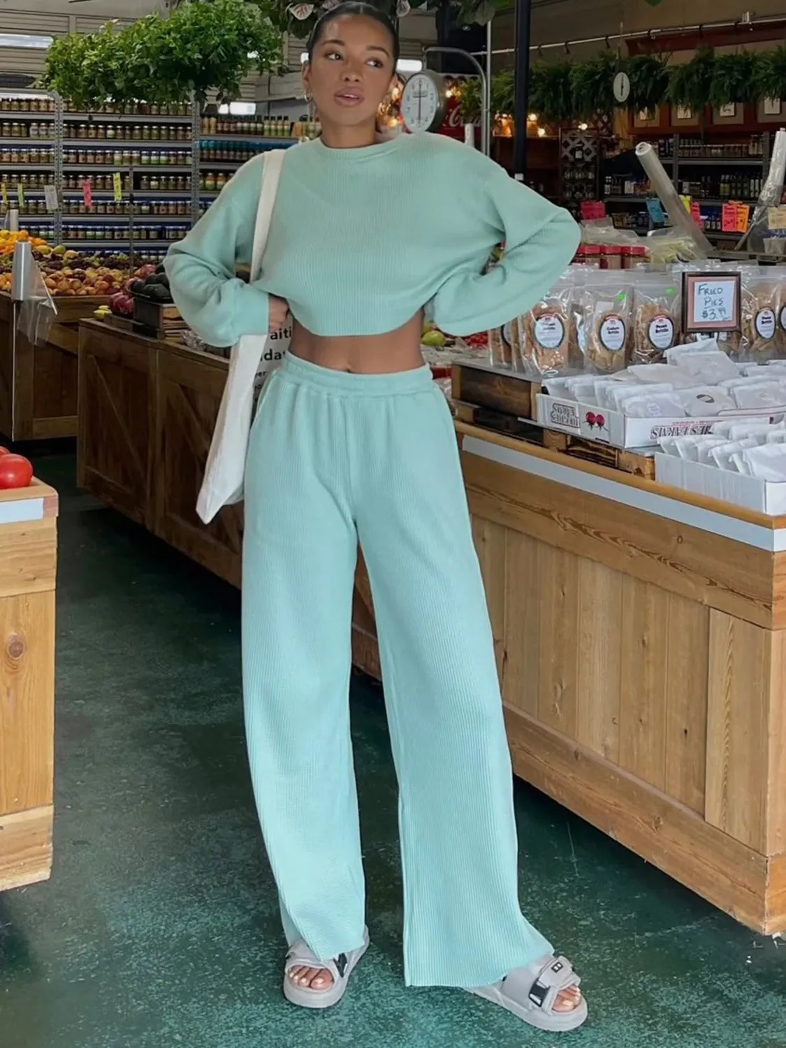 Sterling Waffle-Knit Round Neck Top and Pants Set