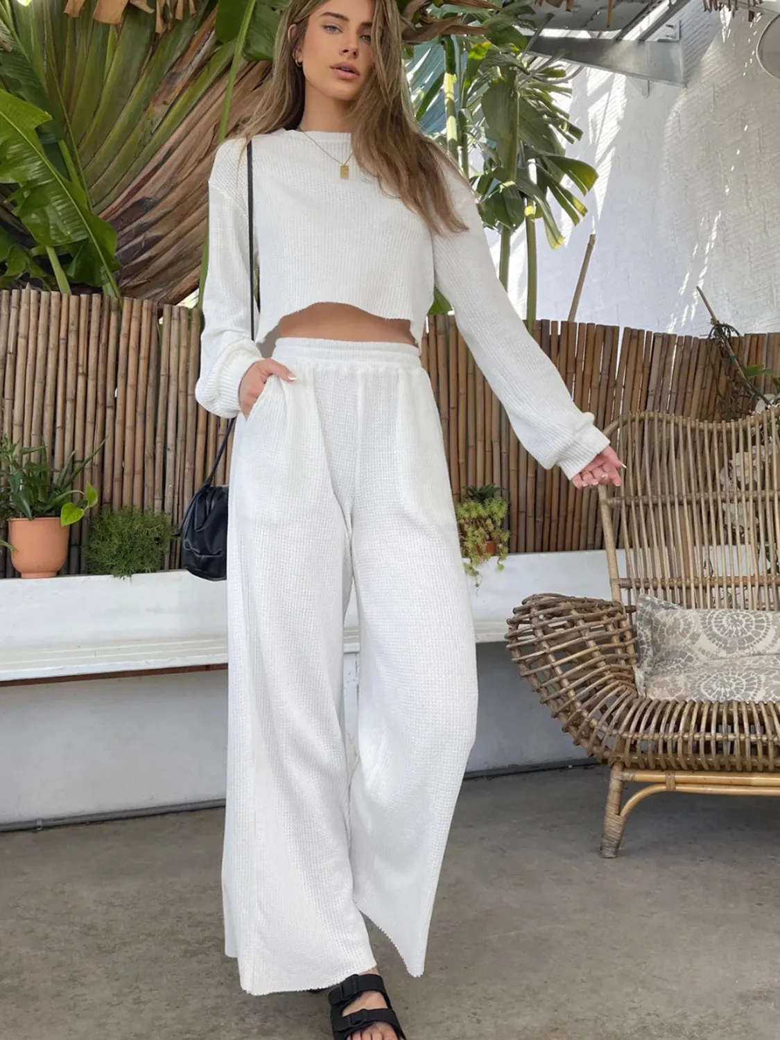 Sterling Waffle-Knit Round Neck Top and Pants Set