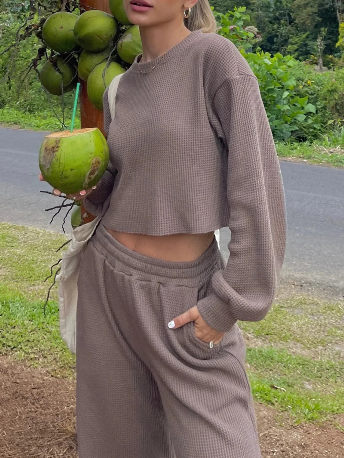 Sterling Waffle-Knit Round Neck Top and Pants Set
