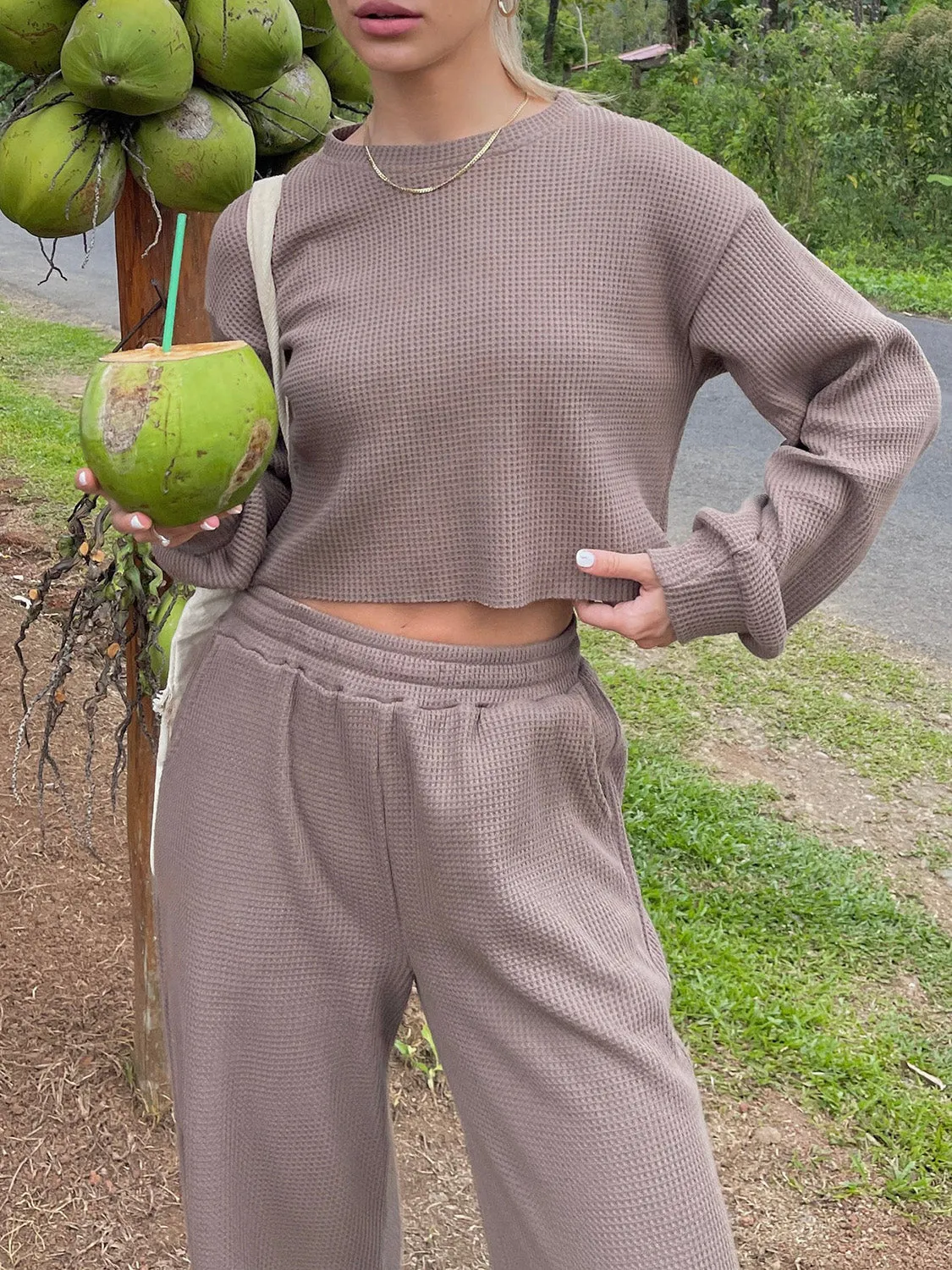 Sterling Waffle-Knit Round Neck Top and Pants Set