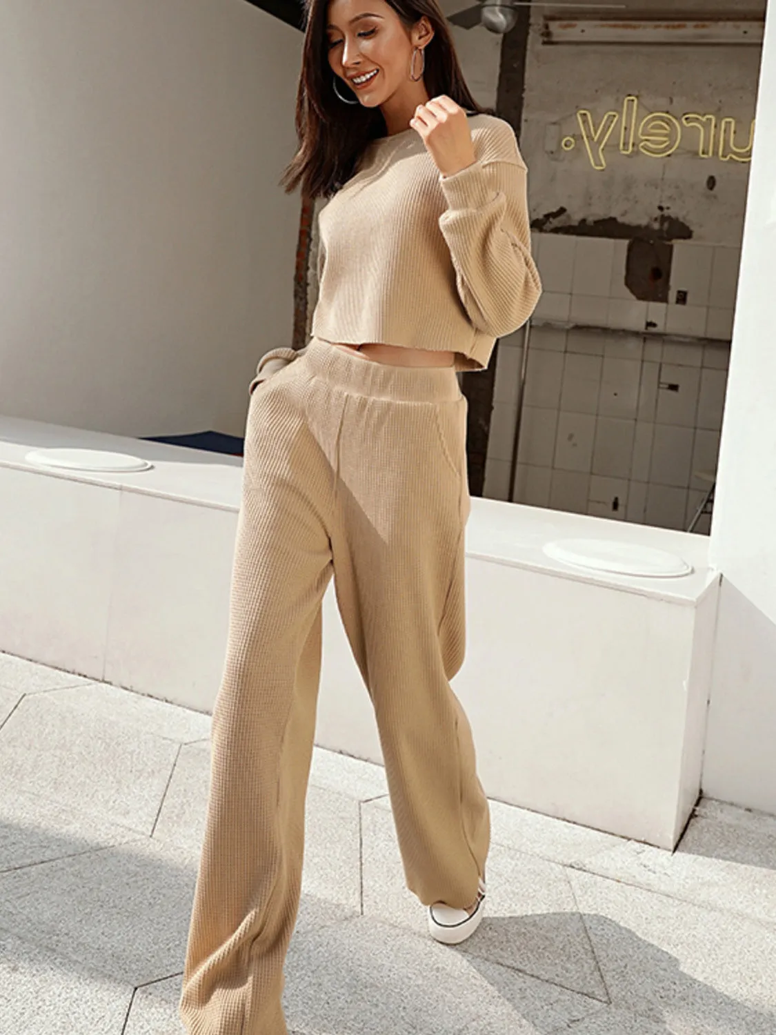 Sterling Waffle-Knit Round Neck Top and Pants Set