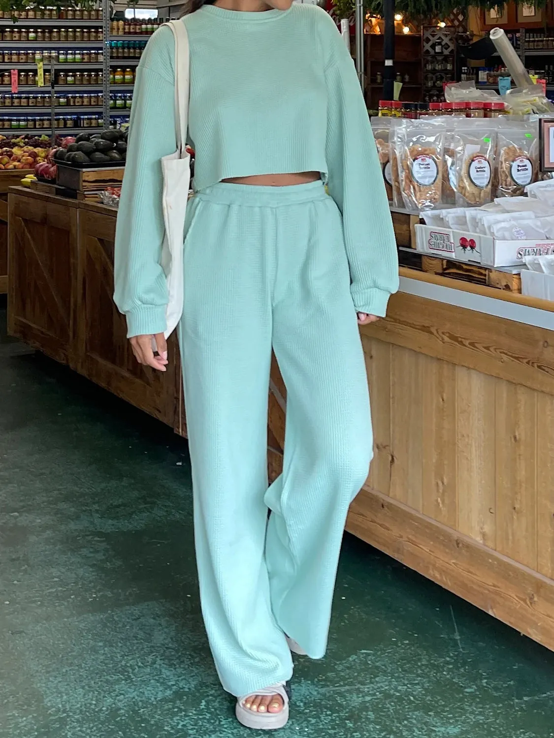 Sterling Waffle-Knit Round Neck Top and Pants Set