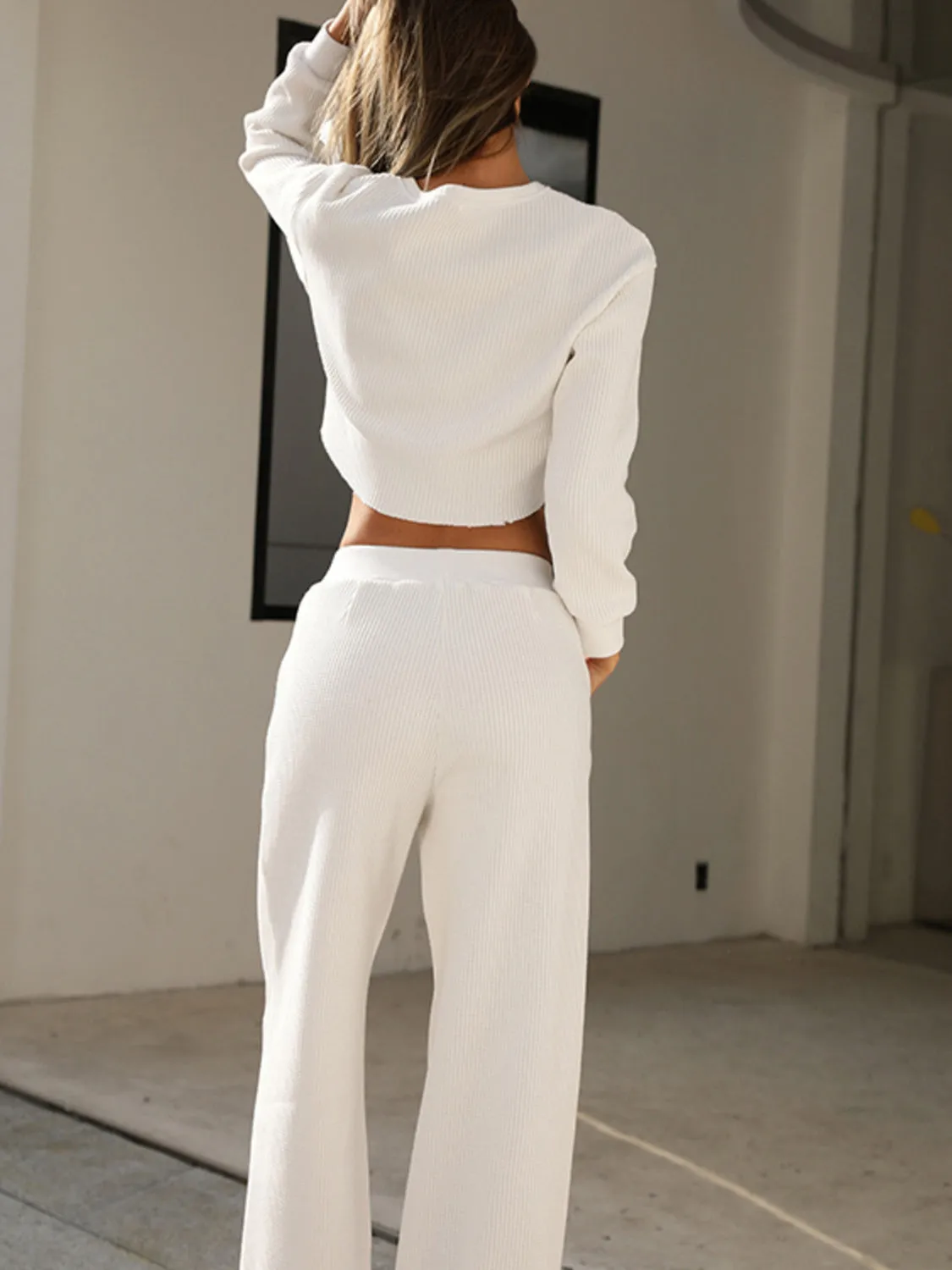 Sterling Waffle-Knit Round Neck Top and Pants Set