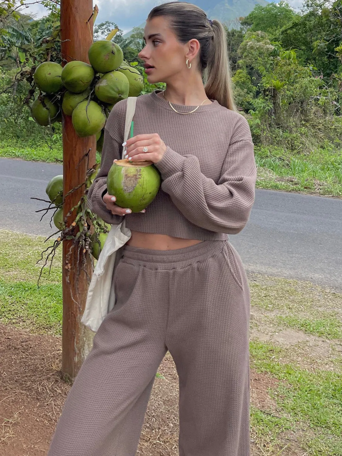 Sterling Waffle-Knit Round Neck Top and Pants Set