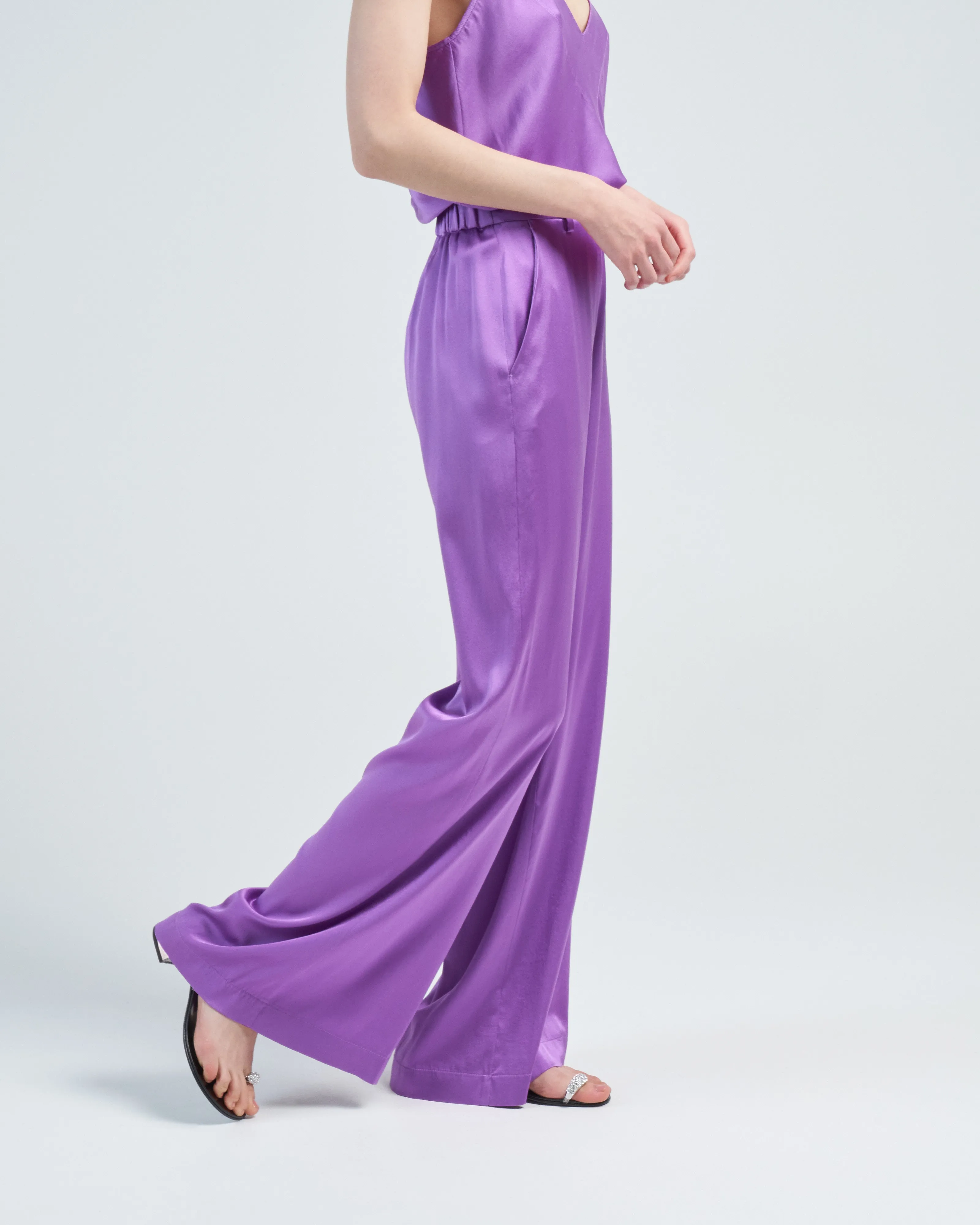 stretch silk satin wide pants