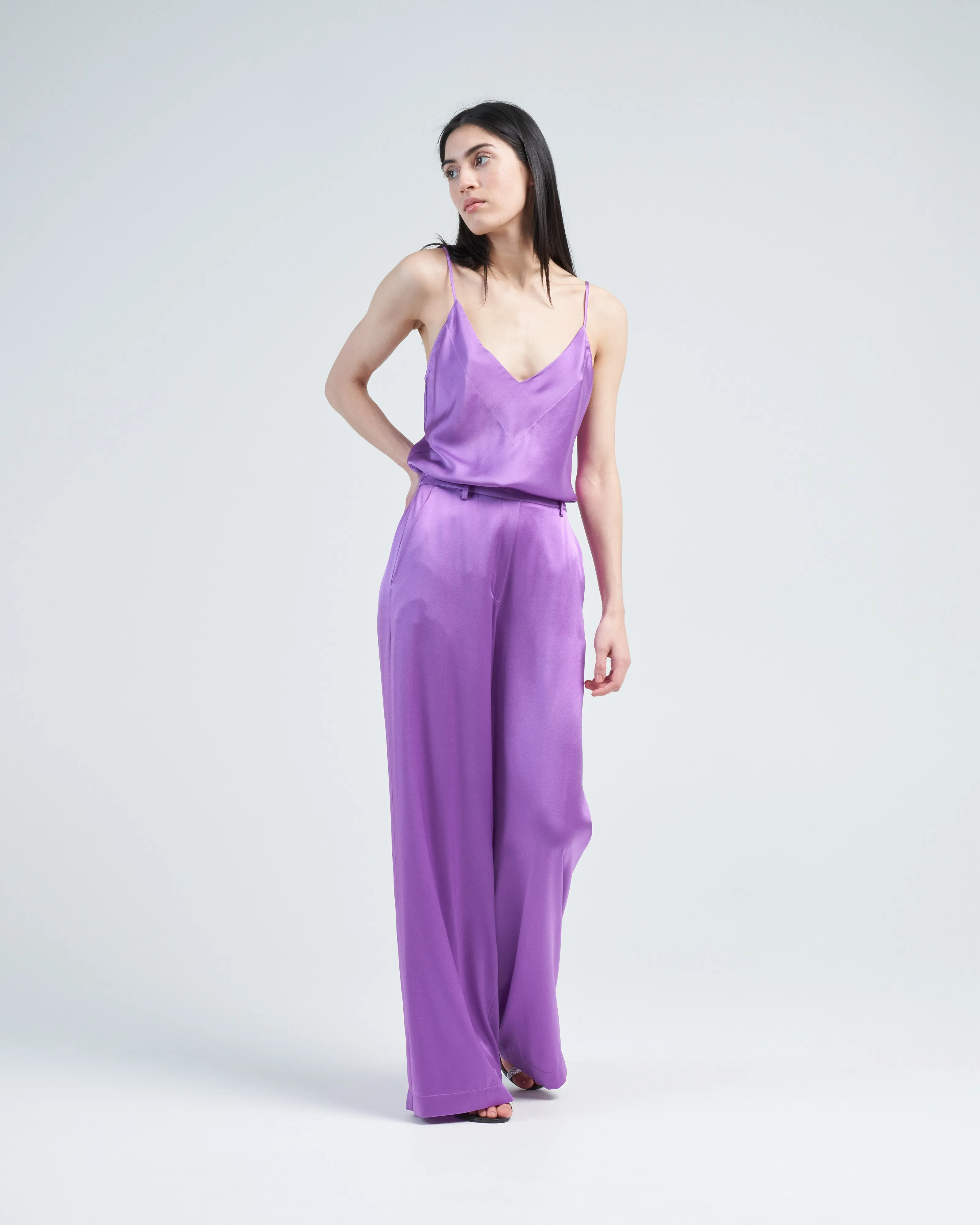stretch silk satin wide pants