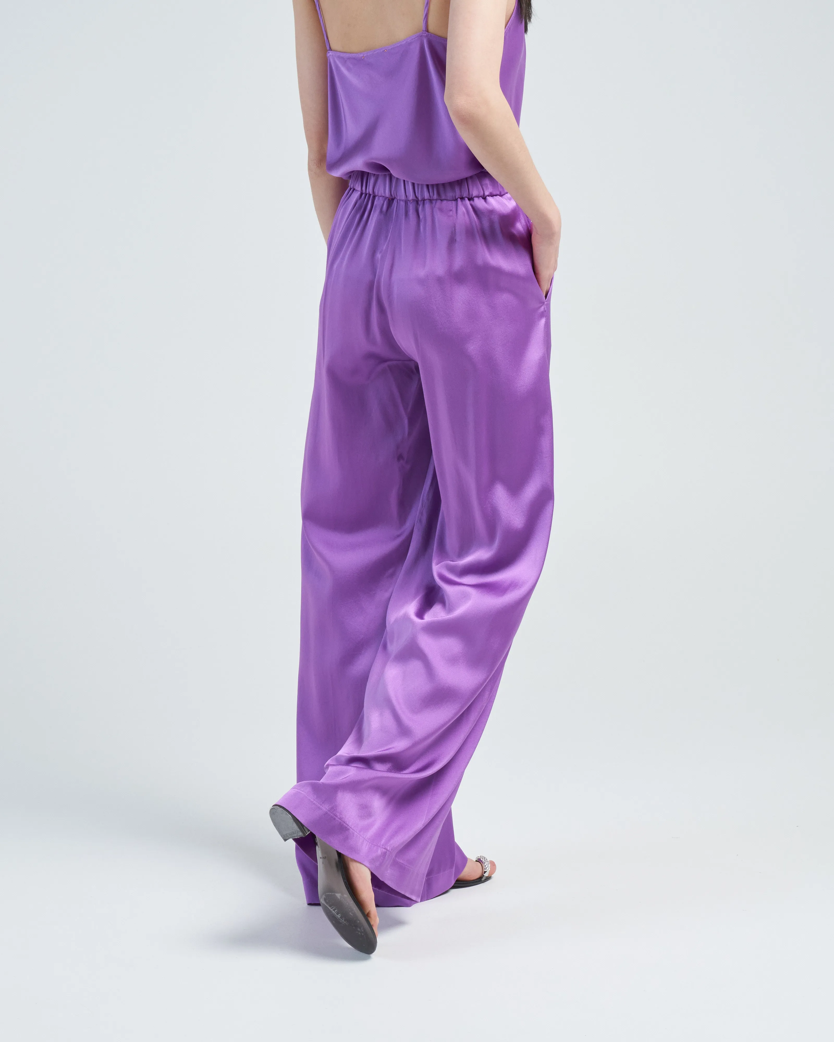 stretch silk satin wide pants