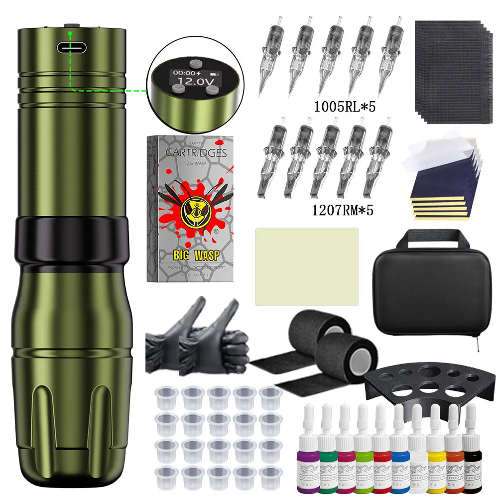 V73 Wireless Tattoo Pen with Bigwasp cartridges and accessories
