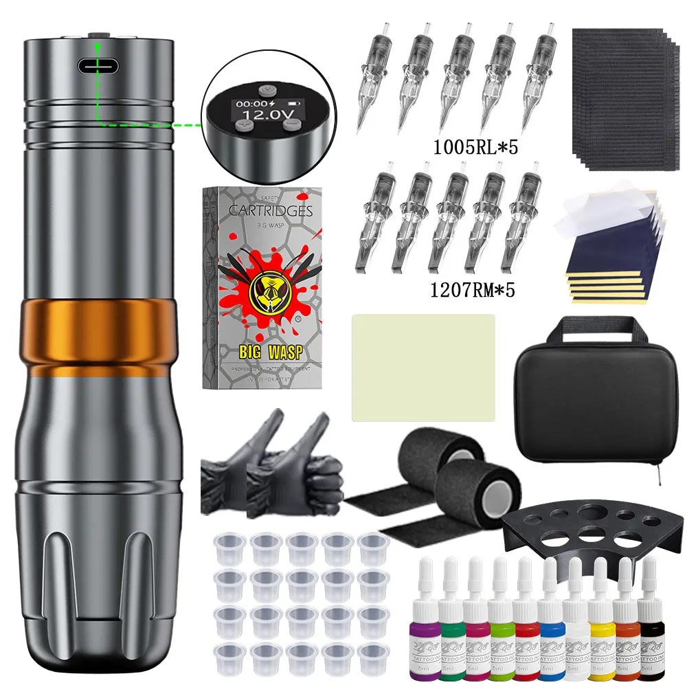 V73 Wireless Tattoo Pen with Bigwasp cartridges and accessories