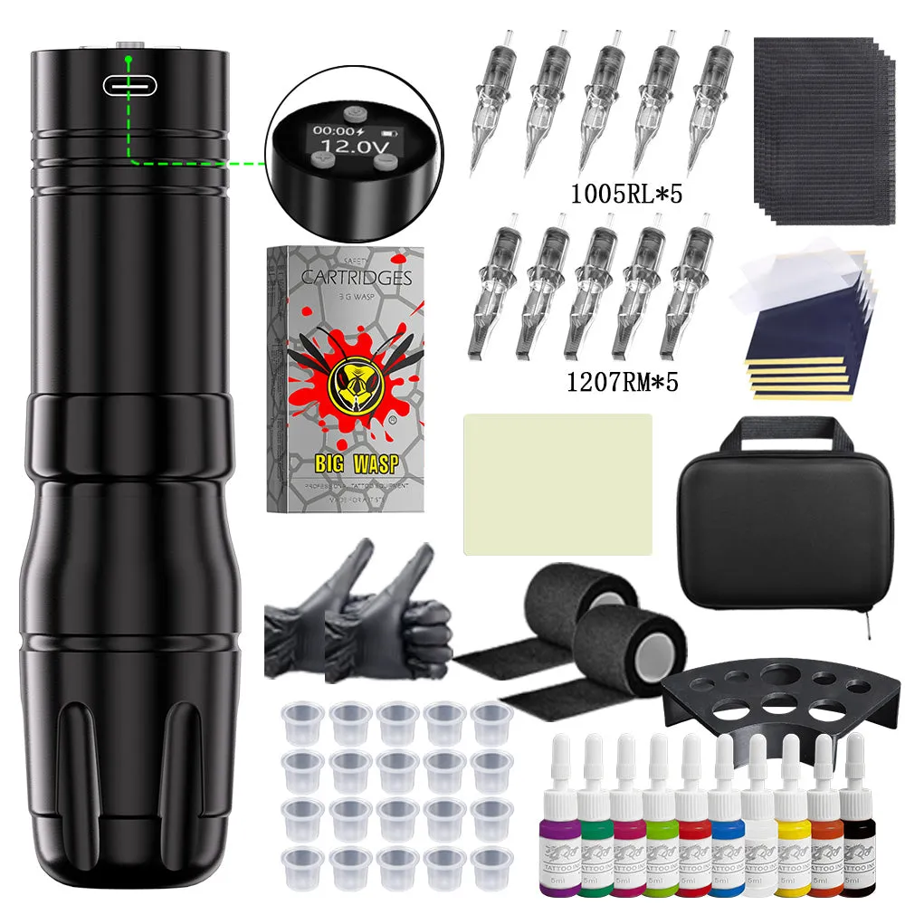 V73 Wireless Tattoo Pen with Bigwasp cartridges and accessories