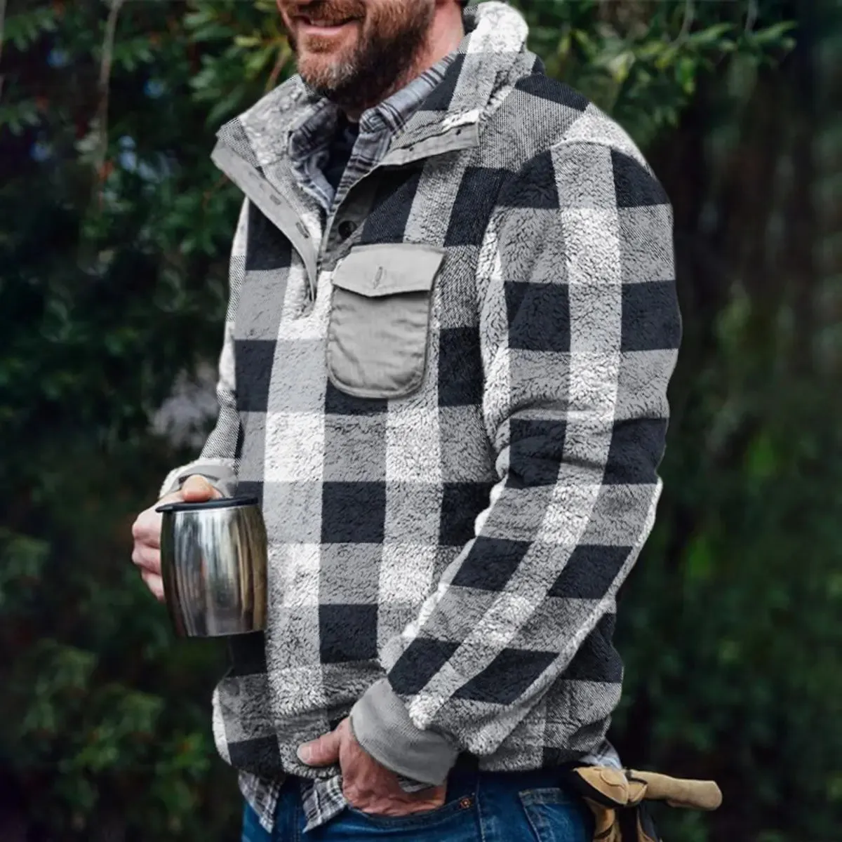 Winter Plaid Warm Pocket Men's Pullover Jacket
