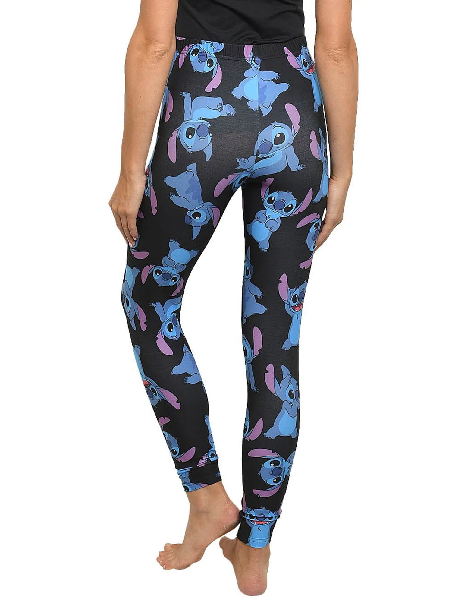 Womens Juniors Disney Stitch Leggings All Over Print Stretch Black Blue