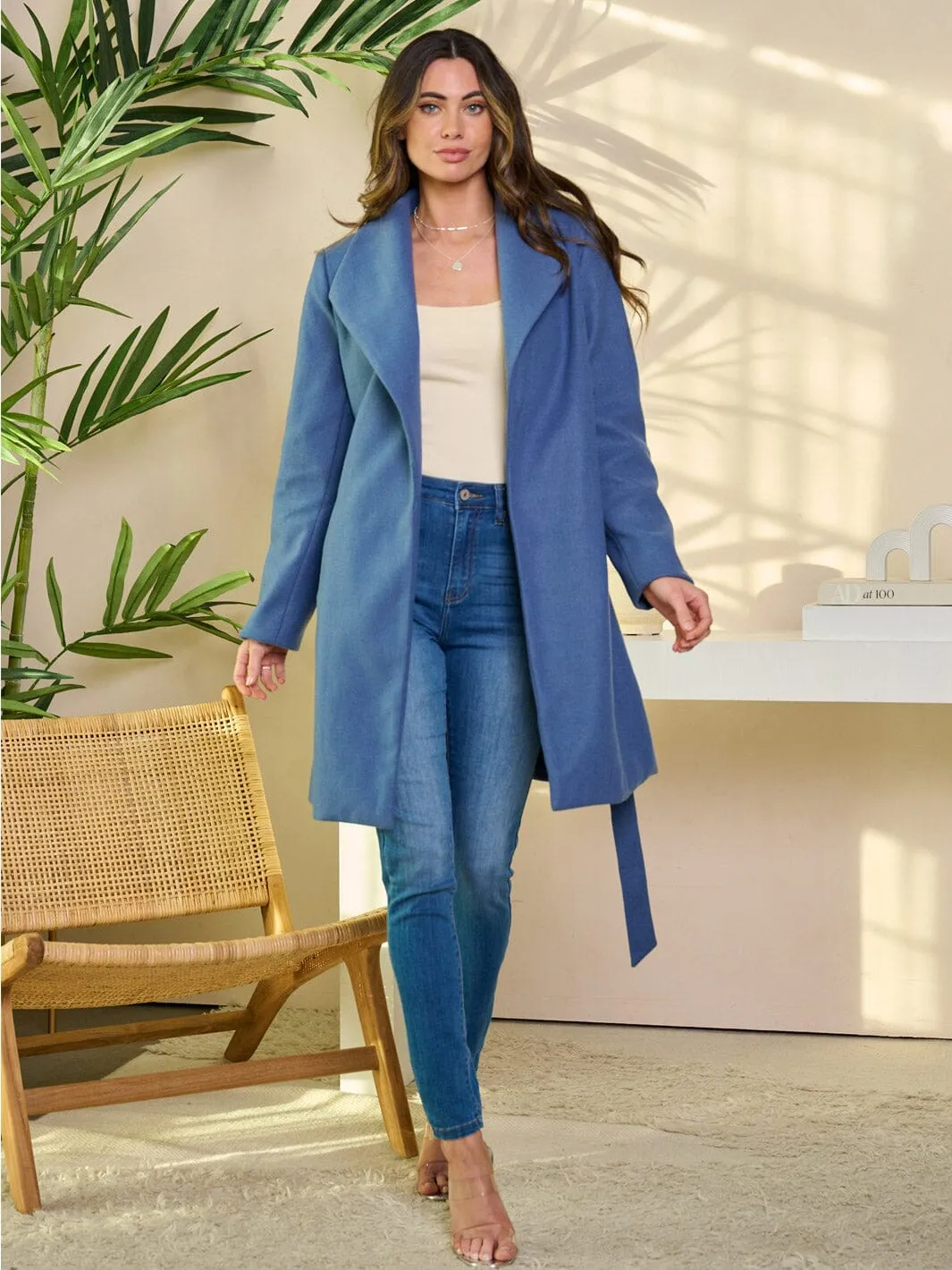 WOMEN'S LONG SLEEVE SELF TIE POCKETS COAT