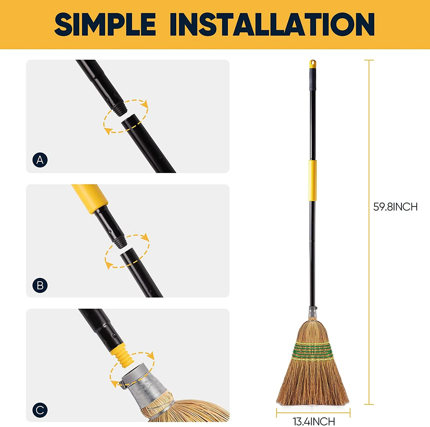 Yocada Heavy-Duty Broom Corn Broom Outdoor Commercial Indoor